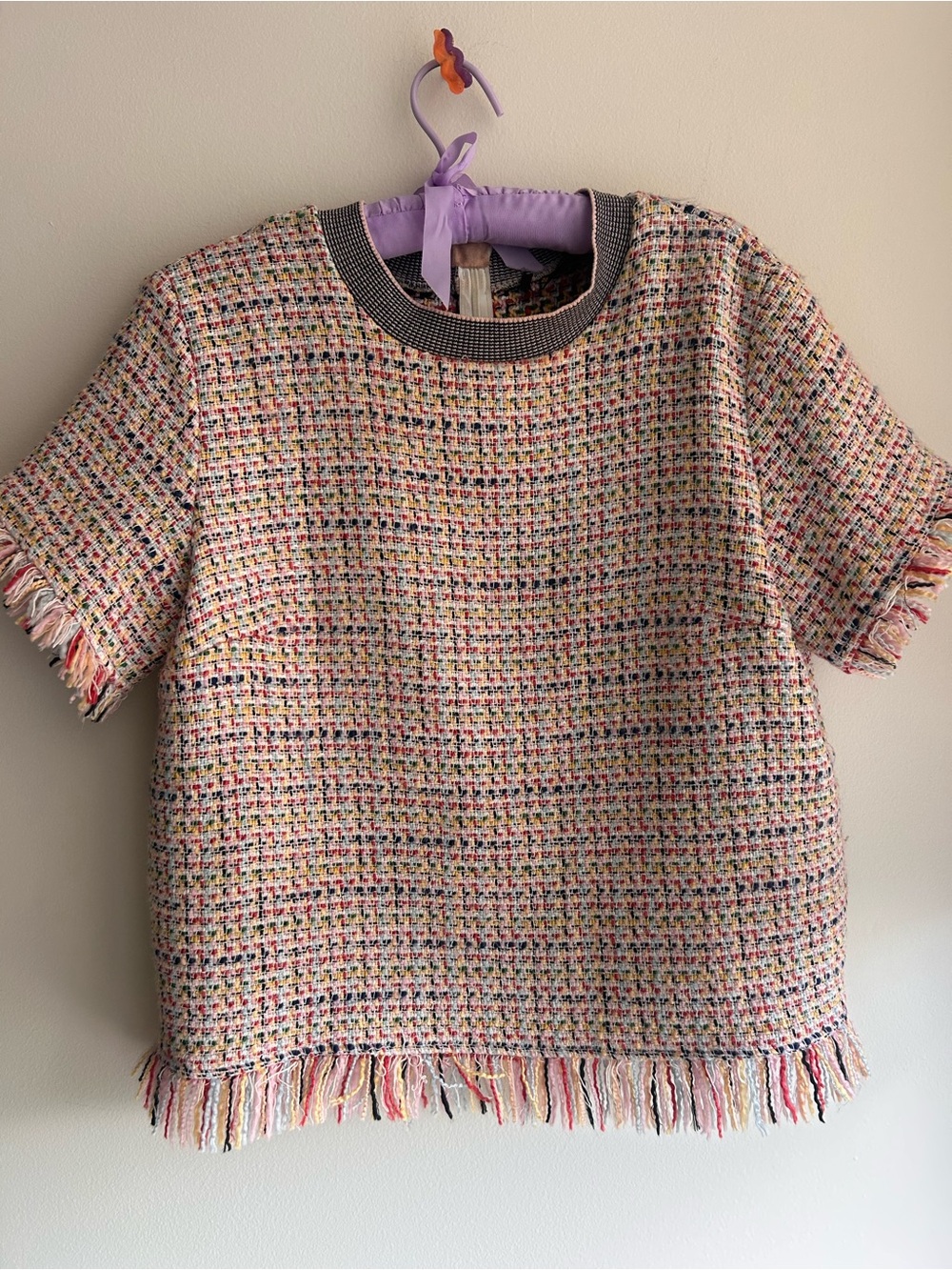 Zara Multicolor Tweed Short-Sleeve Top with Fringe